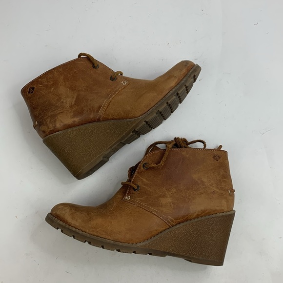 Sperry Wedge Heel leather Booties Boots Size 8.5 Light Brown Leather laces - Picture 7 of 14